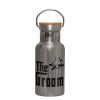 Stainless steel metallic thermos flask, silver with a bamboo lid, double-walled, 350ml.