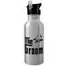 Water bottle Silver with straw, stainless steel 600ml