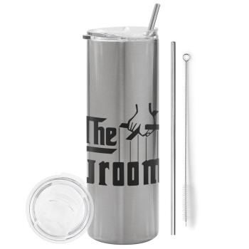 The Groom, Eco friendly stainless steel Silver tumbler 600ml, with metal straw & cleaning brush