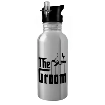 The Groom, Water bottle Silver with straw, stainless steel 600ml