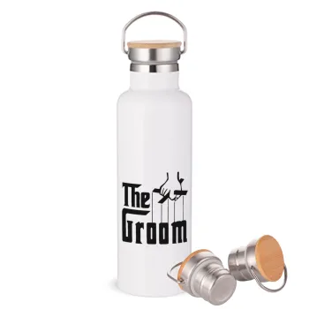 The Groom, Stainless steel White with wooden lid (bamboo), double wall, 750ml