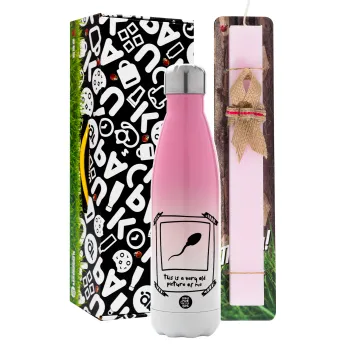 This is A Very Old Picture Of Me, Easter Set, Metallic pink/white (Stainless steel) thermos, double-walled, 500ml & aromatic flat Easter candle (30cm) (PINK)