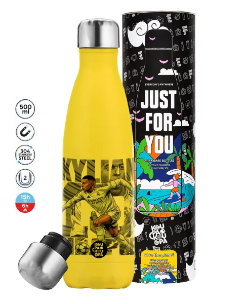 Kylian Mbappe France — Yellow Stainless Steel Metallic Thermos, double-walled, 500ml