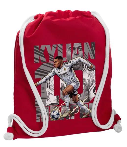 Kylian Mbappe France — Τσάντα πλάτης πουγκί GYMBAG Κόκκινη, με τσέπη (40x48cm) & χονδρά κορδόνια