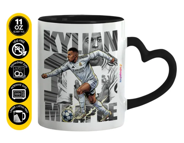Kylian Mbappe France — Κούπα καρδιά χερούλι μαύρη, κεραμική, 330ml