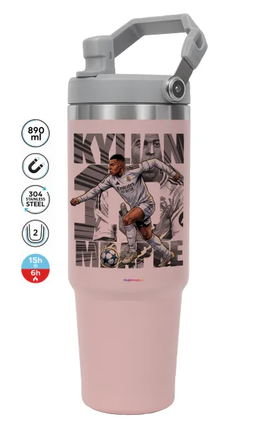 Kylian Mbappe France — ΡΟΖ Travel Tumbler Θερμός με χερούλι και καλαμάκι 890ml