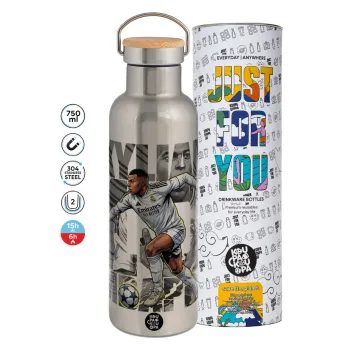 Kylian Mbappe France, Μεταλλικό παγούρι θερμός (Stainless steel) Ασημένιο με ξύλινο καπακι (bamboo), διπλού τοιχώματος, 750ml