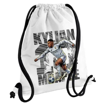 Kylian Mbappe France, Τσάντα πλάτης πουγκί GYMBAG λευκή, με τσέπη (40x48cm) & χονδρά κορδόνια