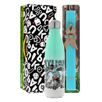 Kylian Mbappe France, Easter Set, Metallic green/white thermos (Stainless steel), double-walled, 500ml & scented flat Easter candle (30cm) (TURQUOISE)