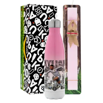 Kylian Mbappe France, Easter Set, Metallic pink/white (Stainless steel) thermos, double-walled, 500ml & aromatic flat Easter candle (30cm) (PINK)
