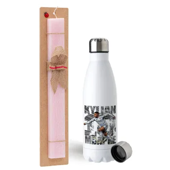 Kylian Mbappe France, Easter Set, metallic stainless steel water bottle (750ml) & scented flat Easter candle (30cm) (PINK)
