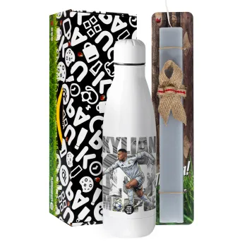 Kylian Mbappe France, Easter Set, metallic stainless thermos bottle (500ml) & scented flat Easter candle (30cm) (GRAY)