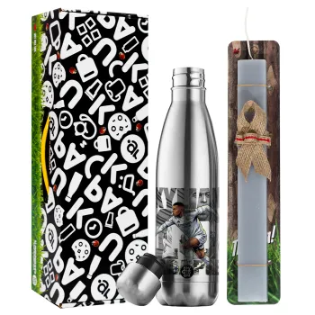 Kylian Mbappe France, Easter Set, metallic stainless thermos flask (500ml) & scented flat Easter candle (30cm) (GRAY)