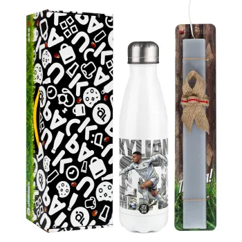 Kylian Mbappe France, Easter candle, metallic white thermos bottle (500ml) & aromatic flat candle (30cm) (GRAY)
