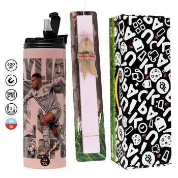 Kylian Mbappe France, Easter candle, Travel Tumbler 600ml Double Wall & aromatic flat candle (30cm) (PINK)