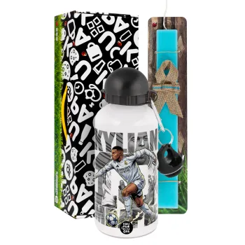Kylian Mbappe France, Easter Set, metallic aluminum water bottle (500ml) & scented flat candle (30cm) (TURQUOISE)