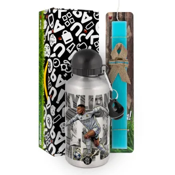 Kylian Mbappe France, Easter Set, metallic silver aluminum water bottle (500ml) & scented flat Easter candle (30cm) (TURQUOISE)