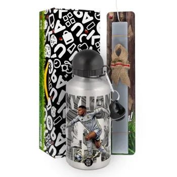 Kylian Mbappe France, Easter Set, metallic silver aluminum water bottle (500ml) & aromatic flat Easter candle (30cm) (GRAY)