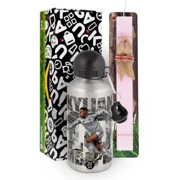 Kylian Mbappe France, Easter Set, metallic Silver aluminum water bottle (500ml) & scented flat Easter candle (30cm) (PINK)