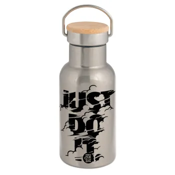 Just do it, Μεταλλικό παγούρι θερμός (Stainless steel) Ασημένιο με ξύλινο καπακι (bamboo), διπλού τοιχώματος, 350ml