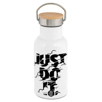 Just do it, Μεταλλικό παγούρι θερμός (Stainless steel) Λευκό με ξύλινο καπακι (bamboo), διπλού τοιχώματος, 350ml