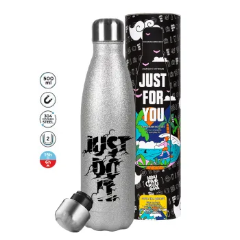 Just do it, Μεταλλικό παγούρι θερμός Glitter Aσημένιο (Stainless steel), διπλού τοιχώματος, 500ml