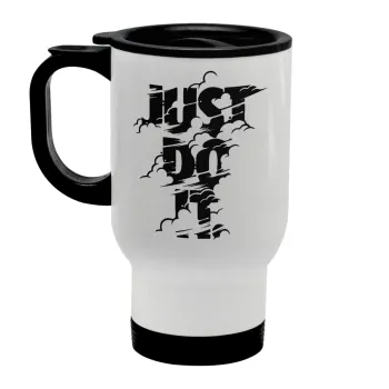 Just do it, Κούπα ταξιδιού ανοξείδωτη με καπάκι, διπλού τοιχώματος (θερμό) λευκή 450ml