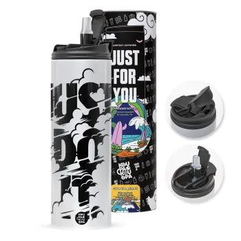Just do it, Travel Tumbler θερμό με διπλό καπάκι, μεταλλικό καλαμάκι και βούρτσα καθαρισμού (Ανωξείδωτο 304 Food grade, BPA free, 600ml)