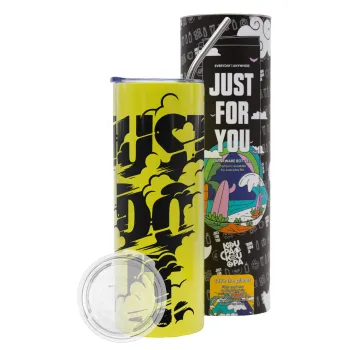 Just do it, Neon Yellow Travel Tumbler θερμό, μεταλλικό καλαμάκι(Ανωξείδωτο 304 Food grade, BPA free, 600ml)