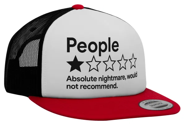 People One Star Rating Would Not Recommend — Adult Foam Flat Snapback with Mesh Red-White-Black (POLYESTER, ADULT, UNISEX, ONE SIZE)