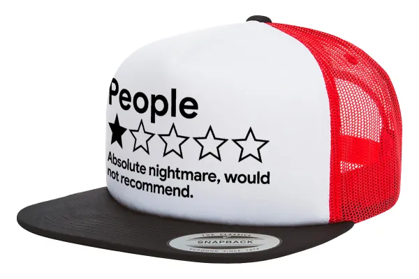 People One Star Rating Would Not Recommend — Adult Foam Flat Snapback with Mesh Black-White-Red (POLYESTER, ADULT, UNISEX, ONE SIZE)