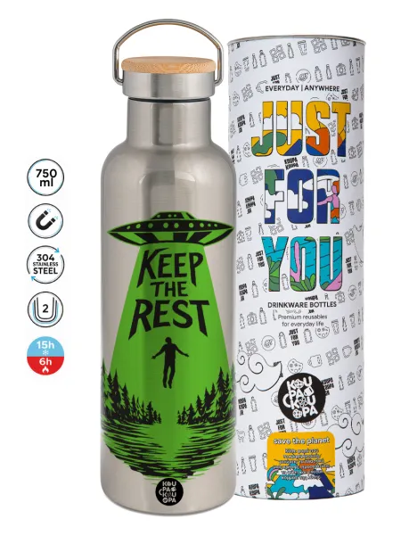 Keep the Rest — Μεταλλικό παγούρι θερμός (Stainless steel) Ασημένιο με ξύλινο καπακι (bamboo), διπλού τοιχώματος, 750ml