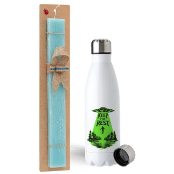 Keep the Rest, Easter Set, metallic stainless steel water bottle (750ml) & aromatic flat Easter candle (30cm) (TURQUOISE)