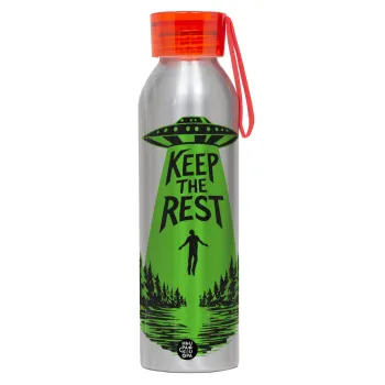 Keep the Rest, Αλουμινένιο Αθλητικό Μπουκάλι 650ml – Ασημί με Κόκκινο Καπάκι και Λουράκι Σιλικόνης