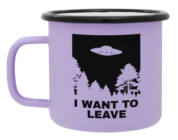 I Want to Leave UFO — Metal enamel mug, matte light pastel purple, 360ml