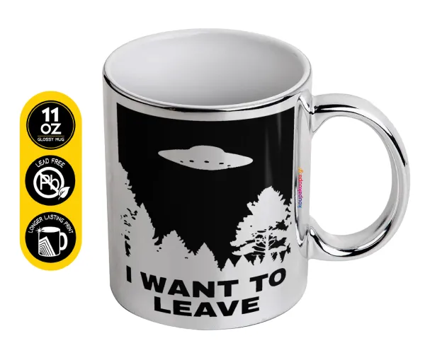 I Want to Leave UFO — Κούπα κεραμική, ασημένια καθρέπτης, 330ml