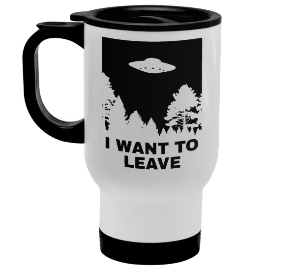 I Want to Leave UFO — Κούπα ταξιδιού ανοξείδωτη με καπάκι, διπλού τοιχώματος (θερμό) λευκή 450ml