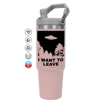 I Want to Leave UFO, ΡΟΖ Travel Tumbler Θερμός με χερούλι και καλαμάκι 890ml
