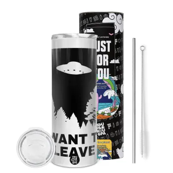 I Want to Leave UFO, Tumbler ποτήρι θερμό από ανοξείδωτο ατσάλι 600ml, με μεταλλικό καλαμάκι & βούρτσα καθαρισμού