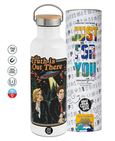 The truth is out there — Stainless steel White with wooden lid (bamboo), double wall, 750ml