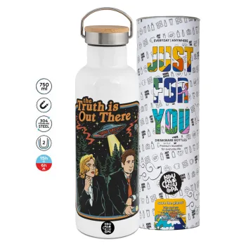 The truth is out there, Μεταλλικό παγούρι θερμός (Stainless steel) Λευκό με ξύλινο καπάκι (bamboo), διπλού τοιχώματος, 750ml