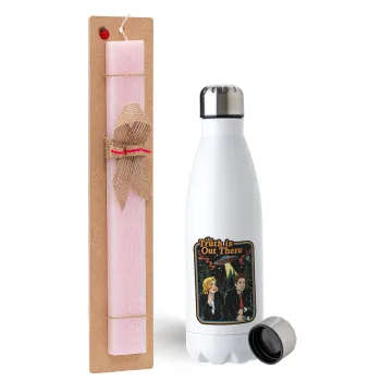 The truth is out there, Easter Set, metallic stainless steel water bottle (750ml) & scented flat Easter candle (30cm) (PINK)