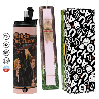 The truth is out there, Πασχαλινή Λαμπάδα με  ΡΟΖ Travel Tumbler θερμό (600ml, BPA free) & κερί αρωματικό πλακέ (30cm) (ΡΟΖ)