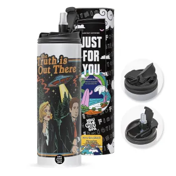The truth is out there, Travel Tumbler θερμό με διπλό καπάκι, μεταλλικό καλαμάκι και βούρτσα καθαρισμού (Ανωξείδωτο 304 Food grade, BPA free, 600ml)