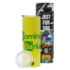 Neon Yellow Travel Tumbler θερμό, μεταλλικό καλαμάκι(Ανωξείδωτο 304 Food grade, BPA free, 600ml)