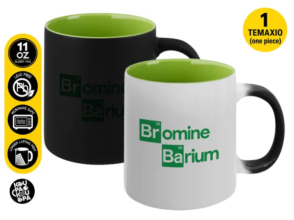 Breaking Bad Parody Bromine Barium — Magic mug with green interior, ceramic, 330ml, changes colour with hot drinks