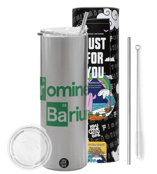 Breaking Bad Parody Bromine Barium — Tumbler ποτήρι θερμό Ασημένιο από ανοξείδωτο ατσάλι 600ml, με μεταλλικό καλαμάκι & βούρτσα καθαρισμού