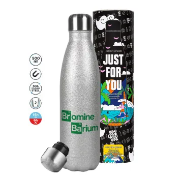 Breaking Bad Parody Bromine Barium, Μεταλλικό παγούρι θερμός Glitter Aσημένιο (Stainless steel), διπλού τοιχώματος, 500ml
