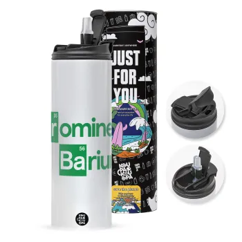 Breaking Bad Parody Bromine Barium, Travel Tumbler θερμό με διπλό καπάκι, μεταλλικό καλαμάκι και βούρτσα καθαρισμού (Ανωξείδωτο 304 Food grade, BPA free, 600ml)
