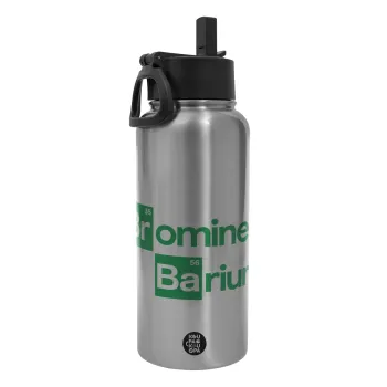 Breaking Bad Parody Bromine Barium, Μεταλλικό παγούρι θερμός Silver με καλαμάκι και χερούλι (Stainless steel), διπλού τοιχώματος, 950ml